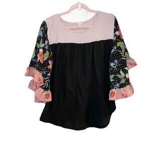Baea Thermal Knit Ruffle Kimono Sleeve Pink Boho Top Mixed Media Floral Plus 1X